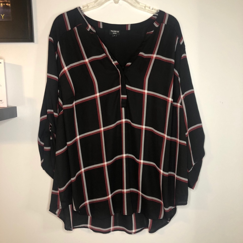 Red and white checkered black blouse